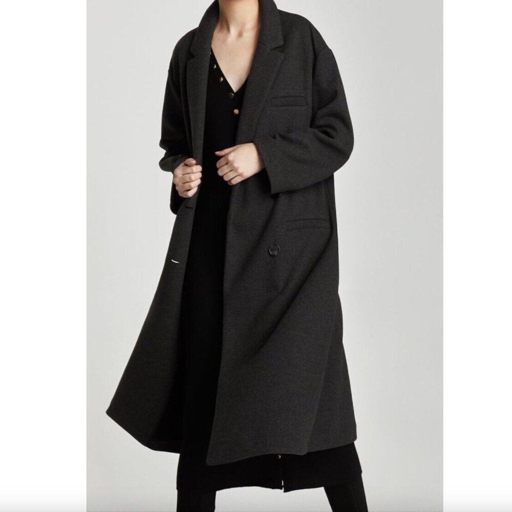 New Zara Tailored Oversized Gray Long Wool Blend Coat Double-Breasted Slouch